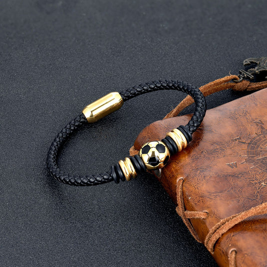Popular Men's Stainless Steel Leather Football Woven Leather String Bracelet