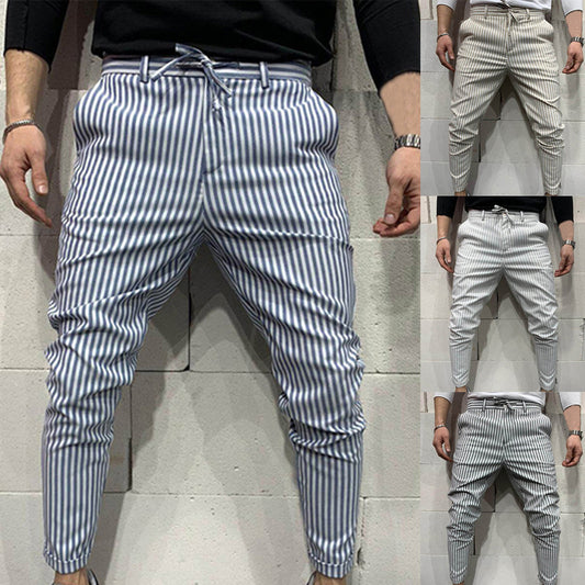 Lace-up solid color striped trousers
