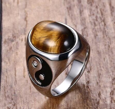 Vintage Men Boy Oval Tiger Eye Brown Stones with Yin Yang Symbol Ring in Stainless Steel Jewelry Mens Accessories Anel Aneis