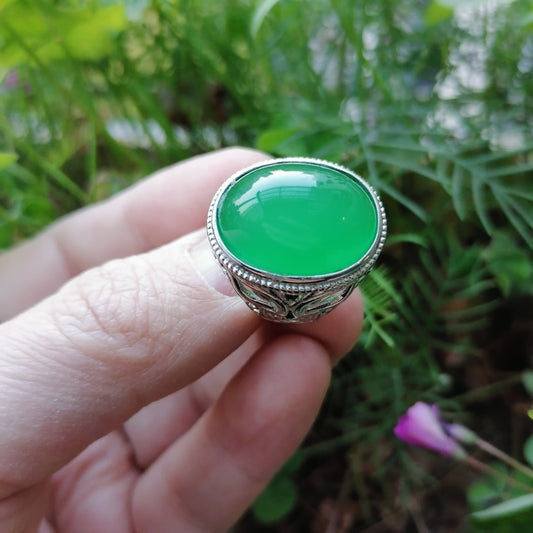 925 Silver Inlaid Chalcedony Male Ring Yang Green Male Live MouthS