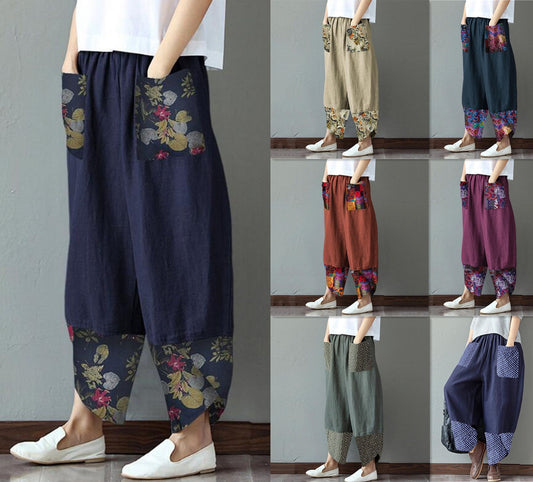 Quilted Cotton And Linen Wide Leg Trousers Loose